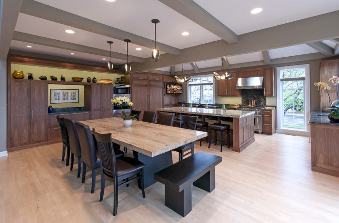 Walnut kitchen with local Spalted Maple tabletop and Ebonized Walnut legs